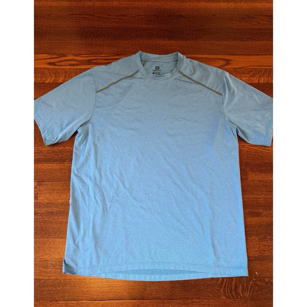 Salomon Men Large L Actilite Running Shirt Heather Blue Back Zipper Pocket